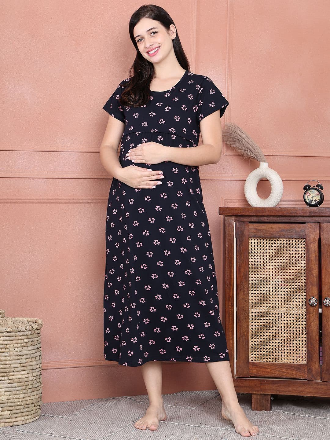Secret Wish WomenFloral Hosiery Printed Pure Cotton Maternity Midi Nightdress - view 1