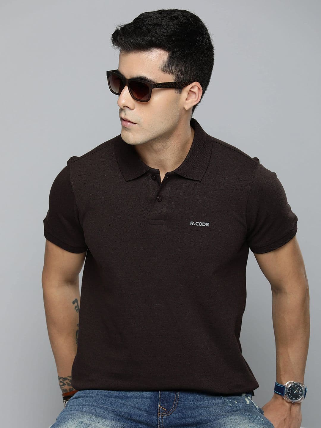 R.Code by The Roadster Life Co. Men Solid Polo Collar Cotton T-shirt - view 1