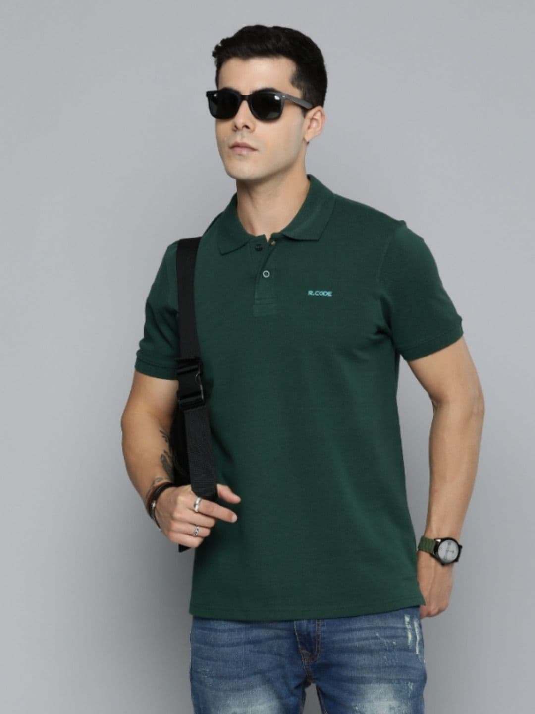R.Code by The Roadster Life Co. Men Solid Polo Collar Cotton T-shirt - view 1
