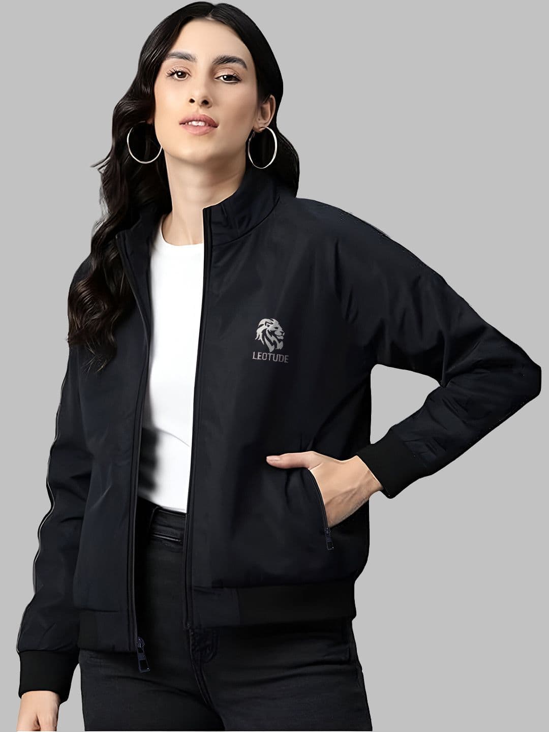 Leotude Women Mock Collar Solid Casual Bomber Windcheater Jacket - view 1