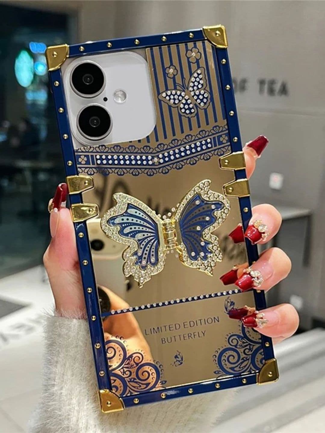 Luxury Kase Sequined LK162 Elegant Butterfly Stand Back Mirror iPhone 16 Plus Back Case - view 1