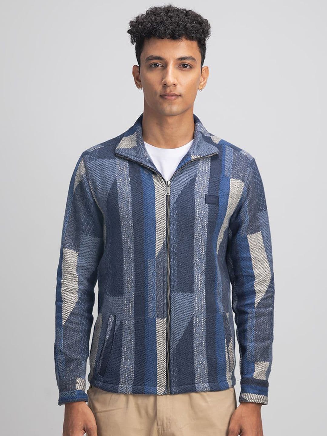 URBARO Men Mock Collar Striped Cotton Casual Tailored Jacket - view 1