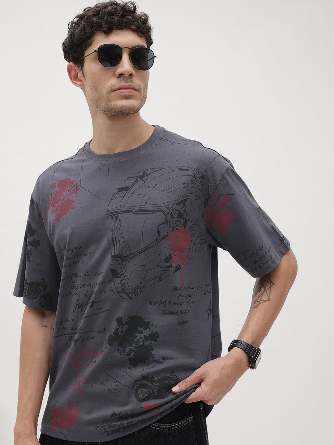 The Roadster Life Co. Graphic & Typography Print Drop-Sleeves Pure Cotton Relaxed T-shirt - view 1