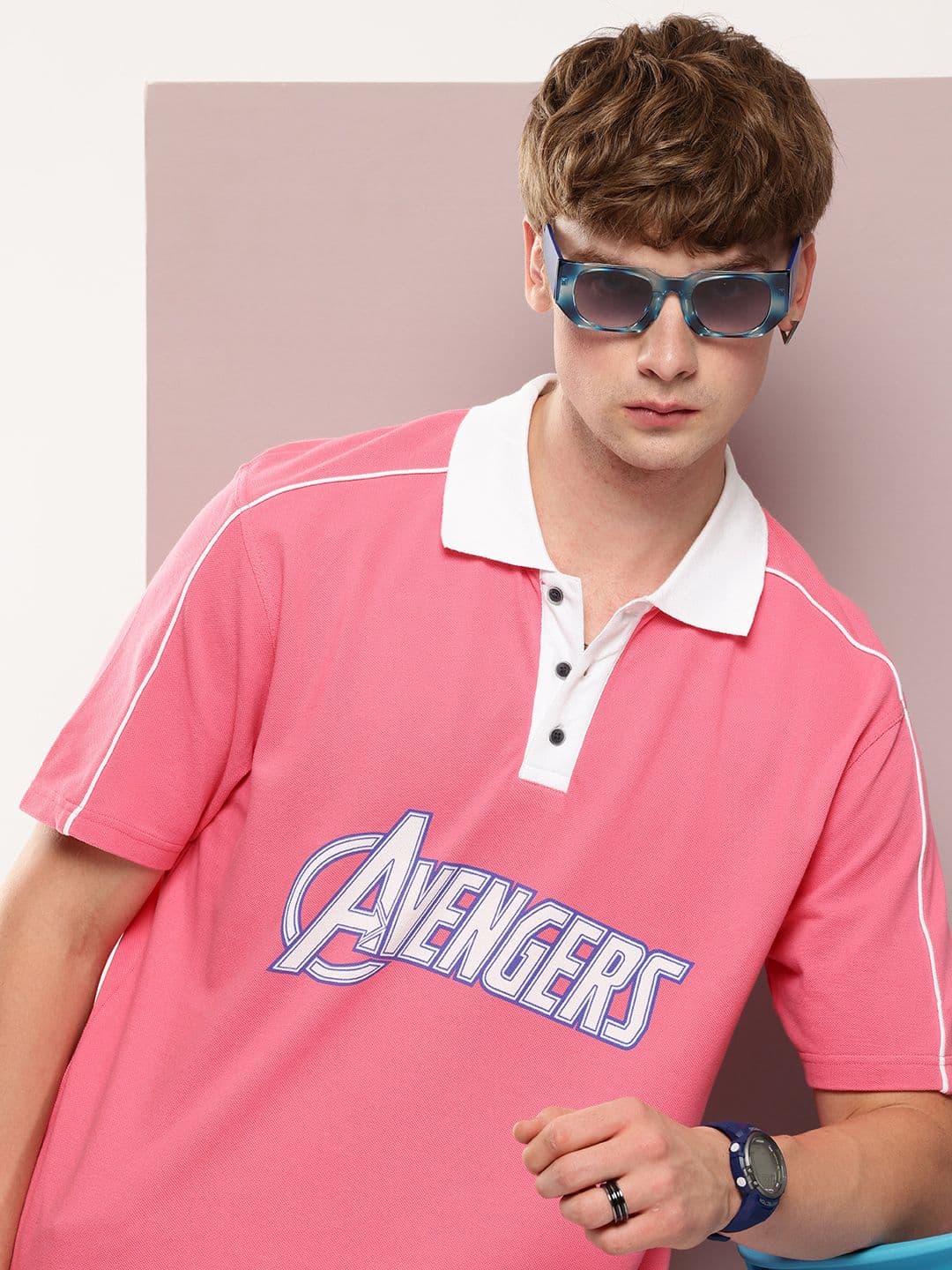 Kook N Keech Marvel Kook N Keech Oversized Fit Avengers Typography Printed Polo Collar Pure Cotton T-shirt - view 1
