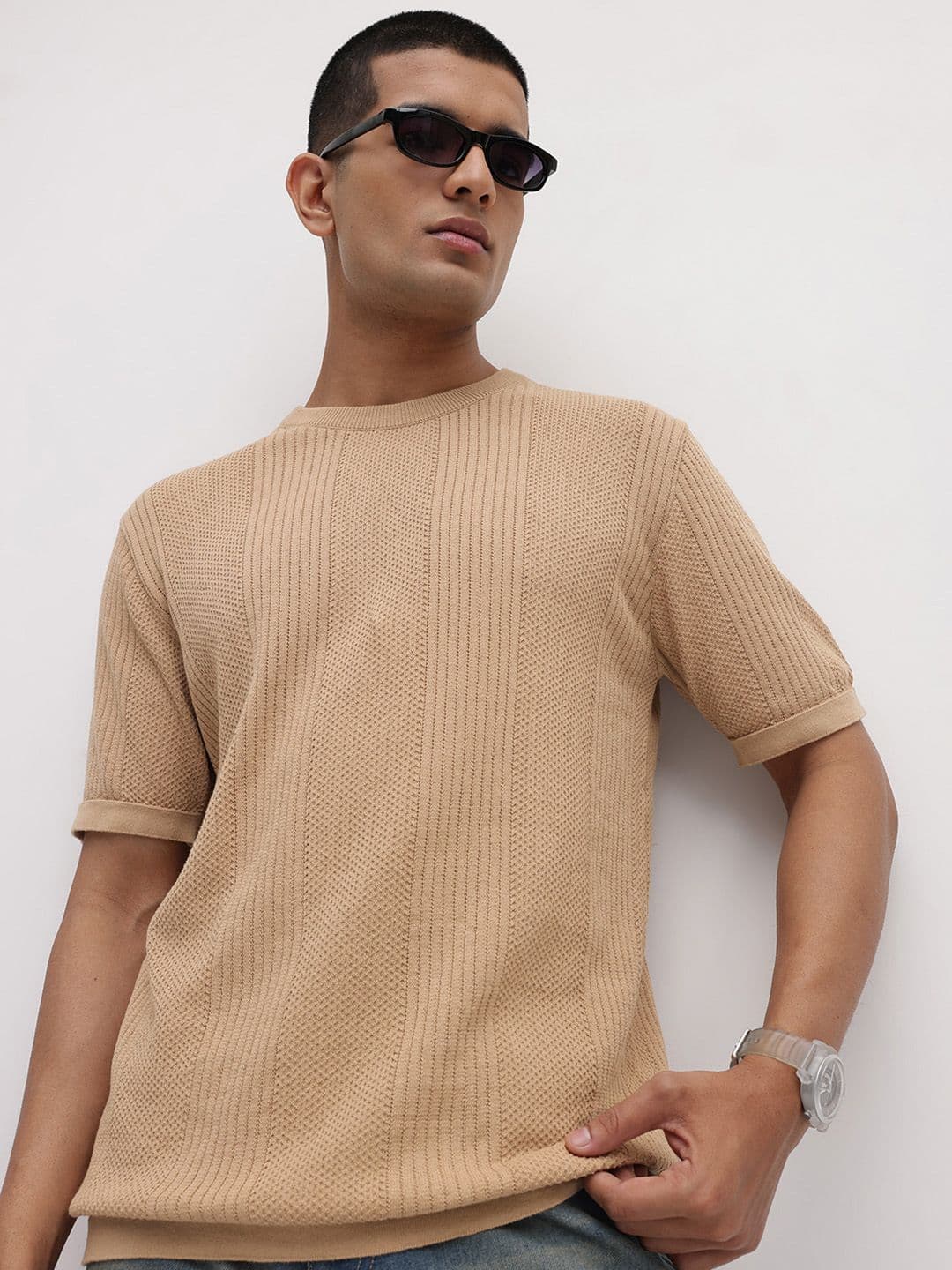 The Roadster Life Co. Self-Striped Knitted Pure Cotton T-shirt - view 1
