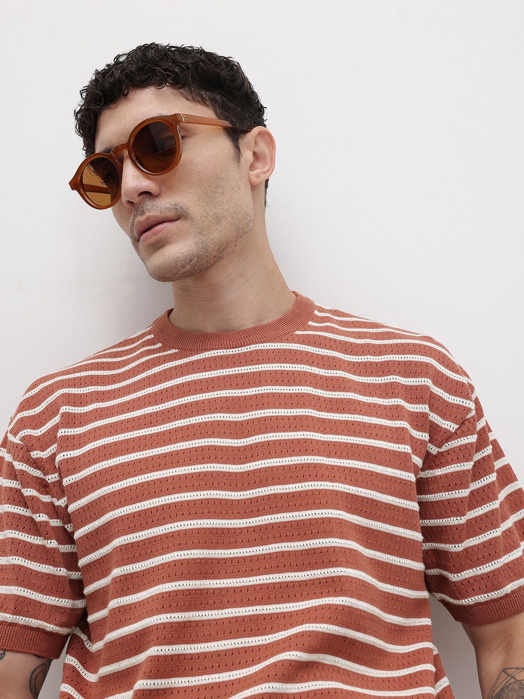 The Roadster Life Co. Open-Knit Striped Cotton T-shirt - view 1
