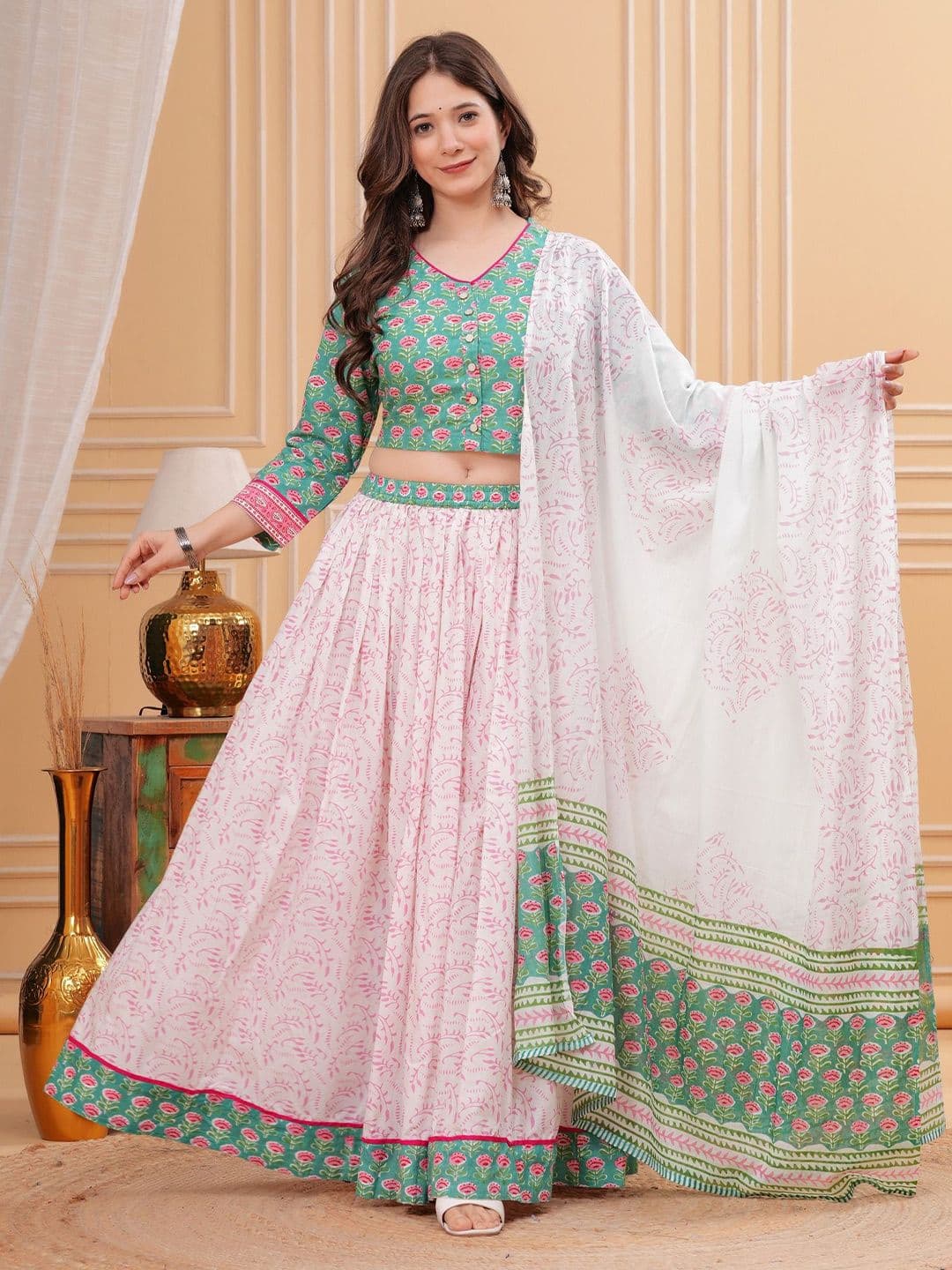 PARTHVI Printed Block Print Ready to Wear Lehenga & Blouse With Dupatta - view 1