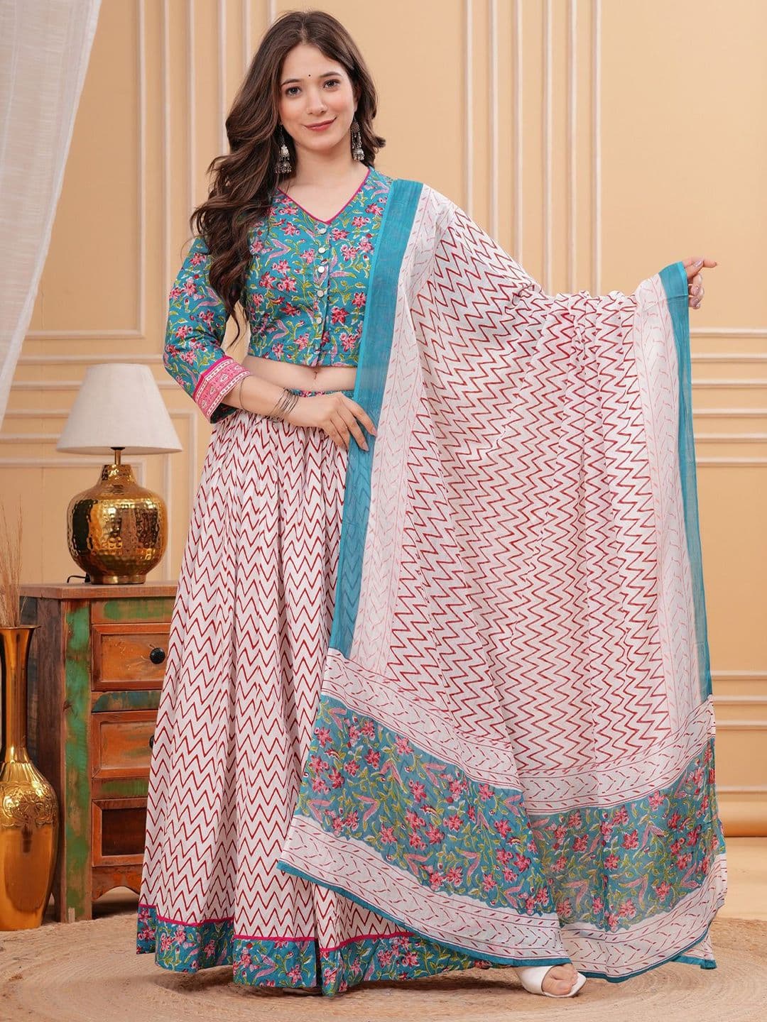 PARTHVI Printed Block Print Ready to Wear Lehenga & Blouse With Dupatta - view 1