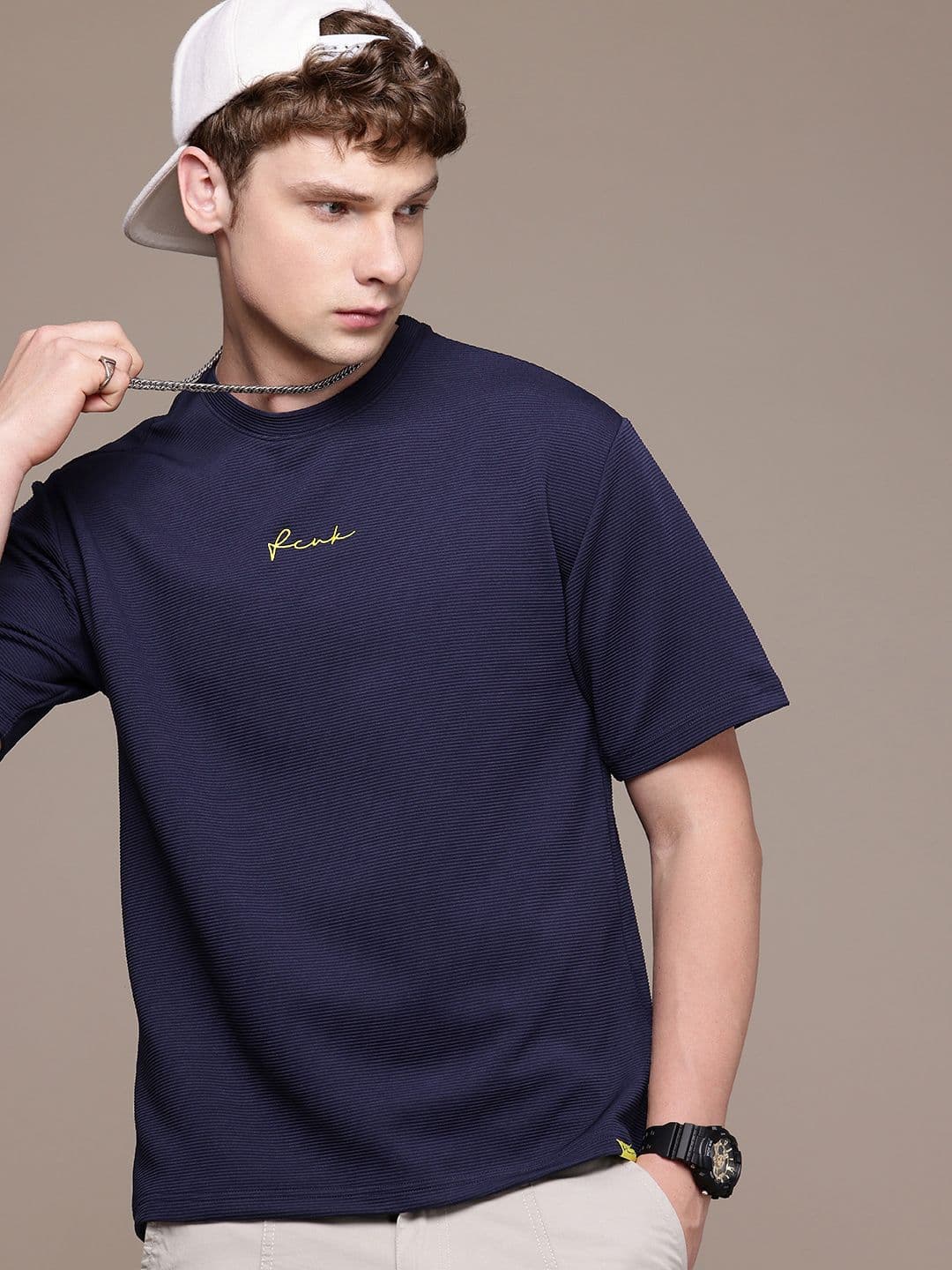 FCUK Self Striped Drop-Shoulder Sleeves Relaxed Fit T-shirt - view 1