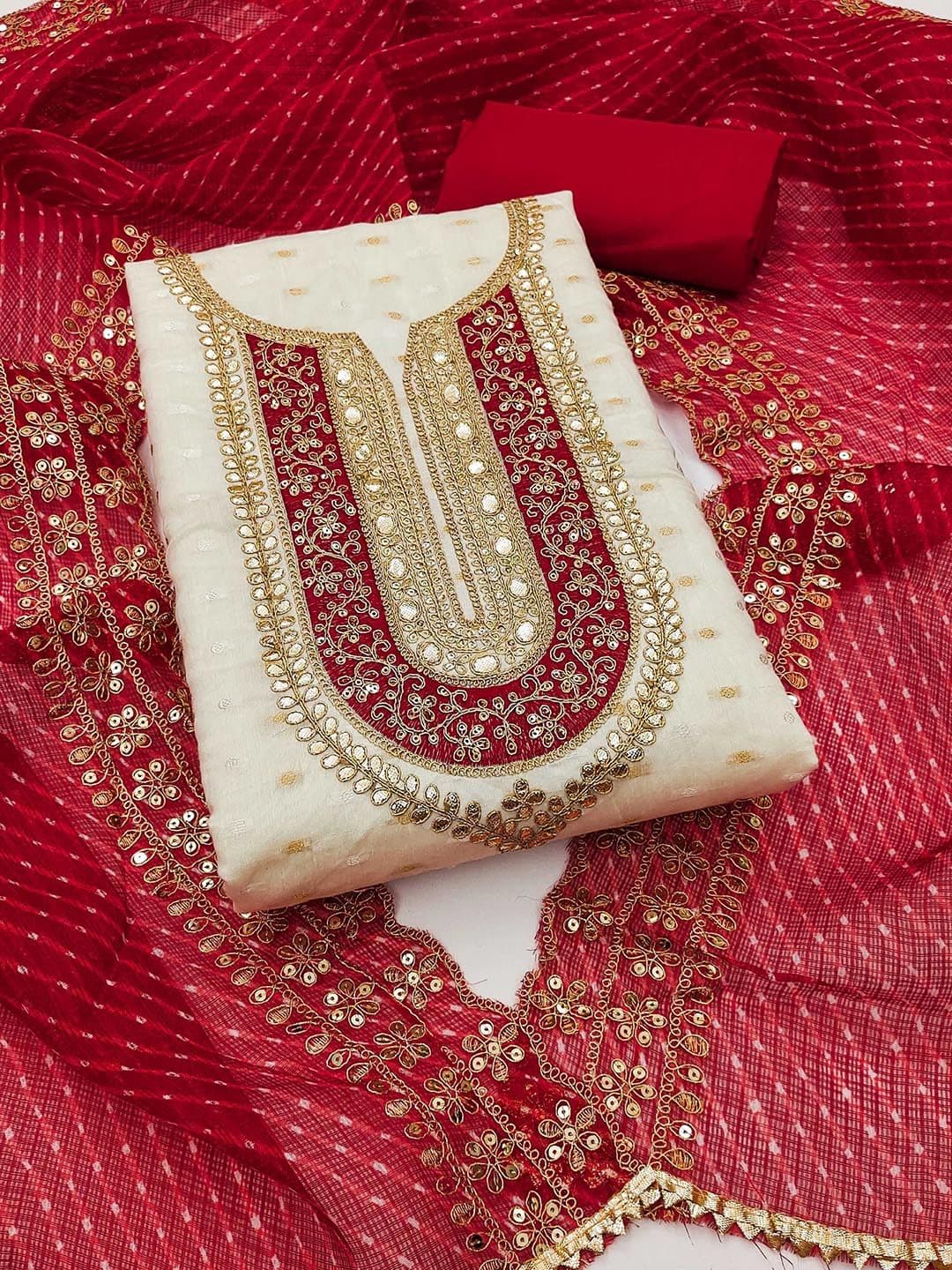 KALINI Ethnic Motifs Embroidered Sequinned Chanderi Butti Silk Unstitched Dress Material - view 1