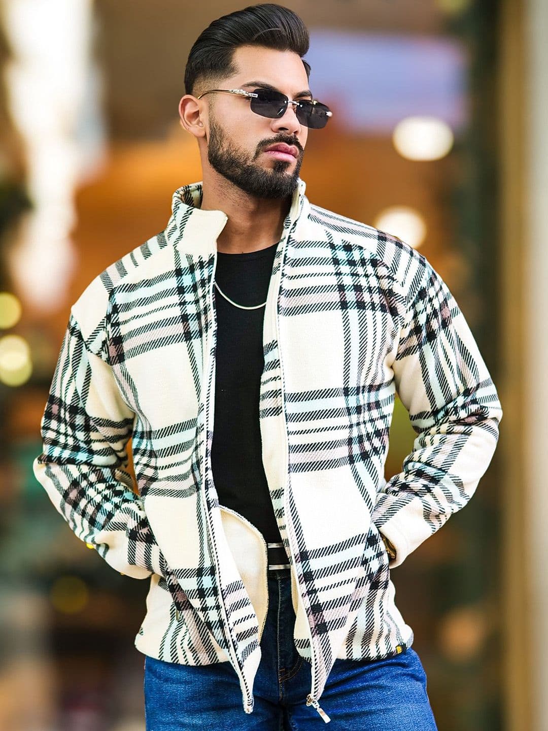 Maniac Men Mock Collar Checked Cotton Casual Tailored Jacket - view 1