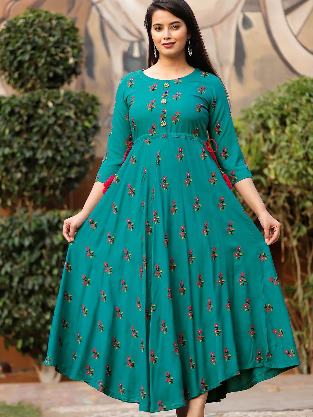 GREYSHADE Floral Printed Waist Tie-Ups Maxi Ethnic Dresses - view 1