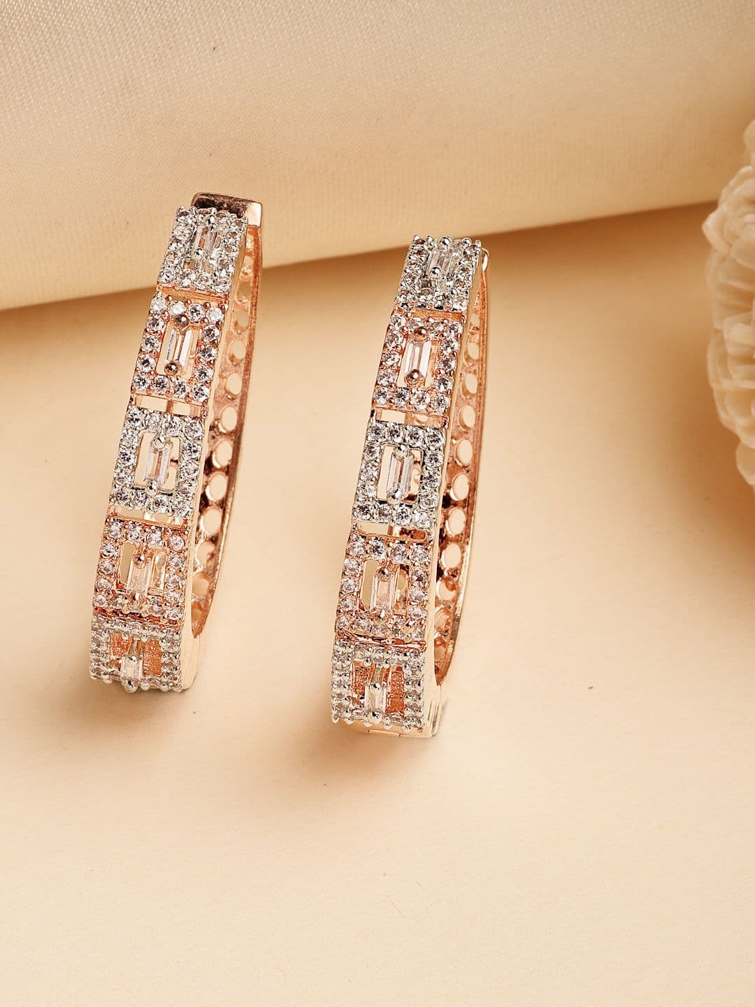 ZENEME Rose Gold-Plated American Diamond Studded Luxury Hoop Earring - view 1