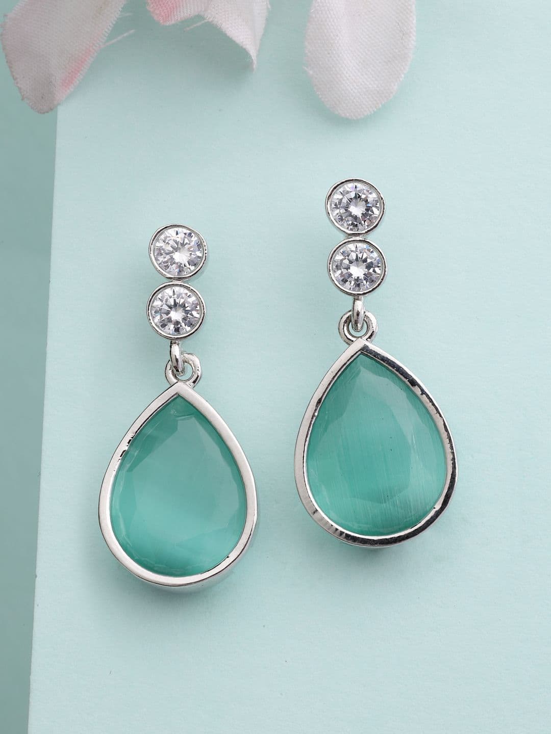 ZENEME Rhodium-Plated American Diamond Ocean Blue Crystal Studded Drop Earring - view 1