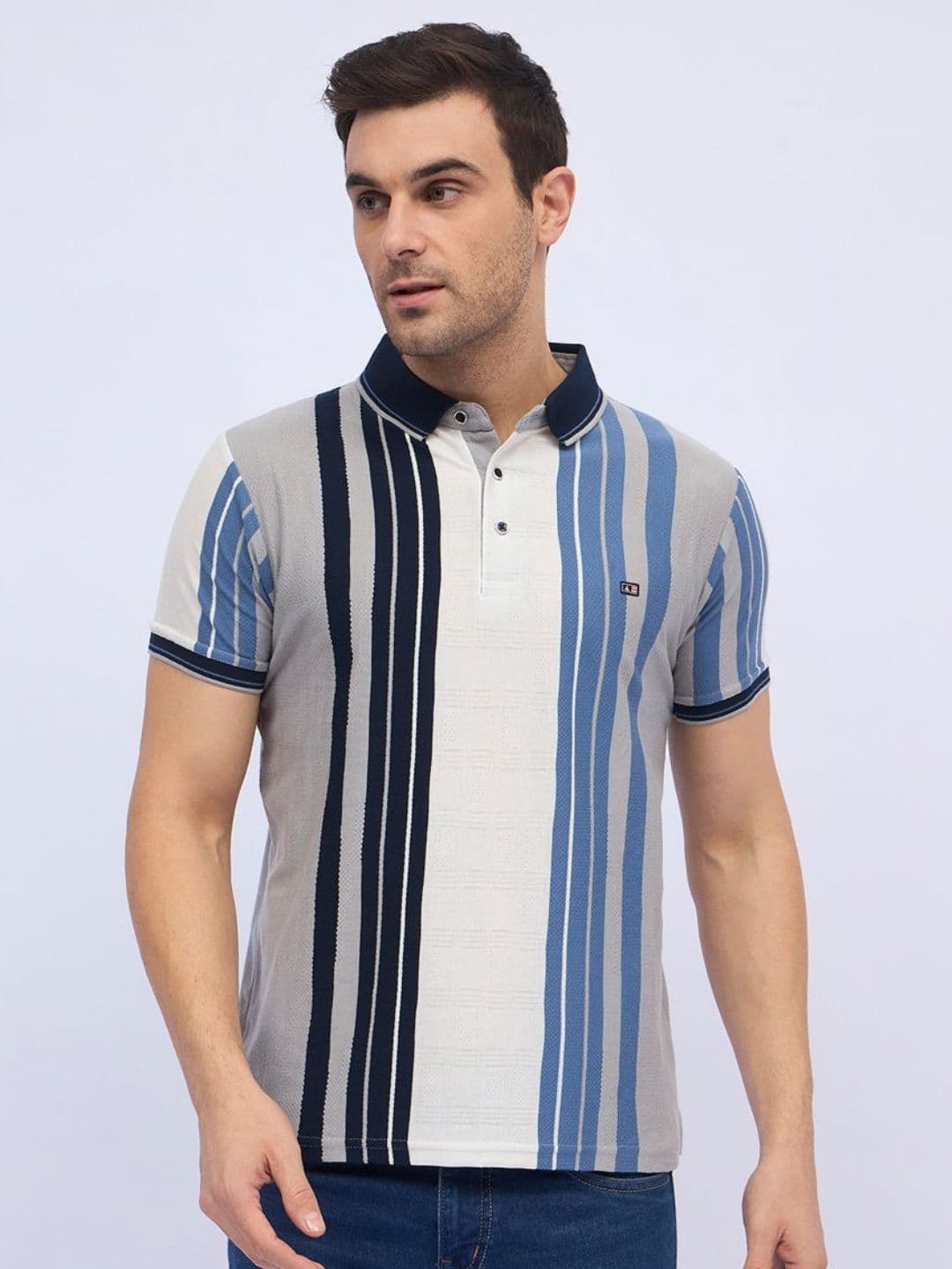 ARRAY Men Striped Polo Collar Cotton T-shirt - view 1