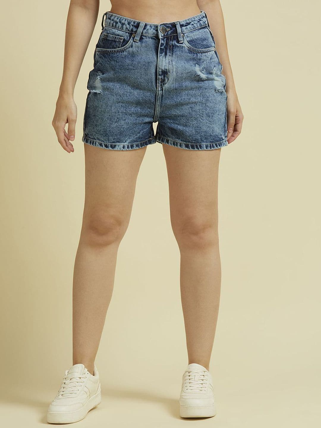 Style Quotient Women High-Rise Ribbed Denim Shorts - view 1