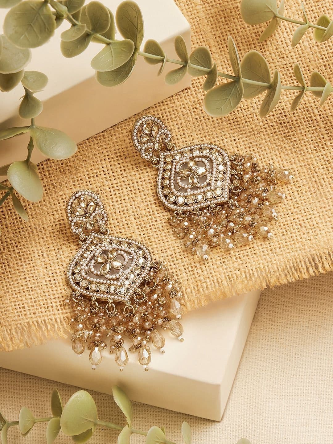 Zaveri Pearls Zaveri Gold-Plated Artificial Stones Studded and Pearls Beaded Contemporary Drop Earrings - view 1