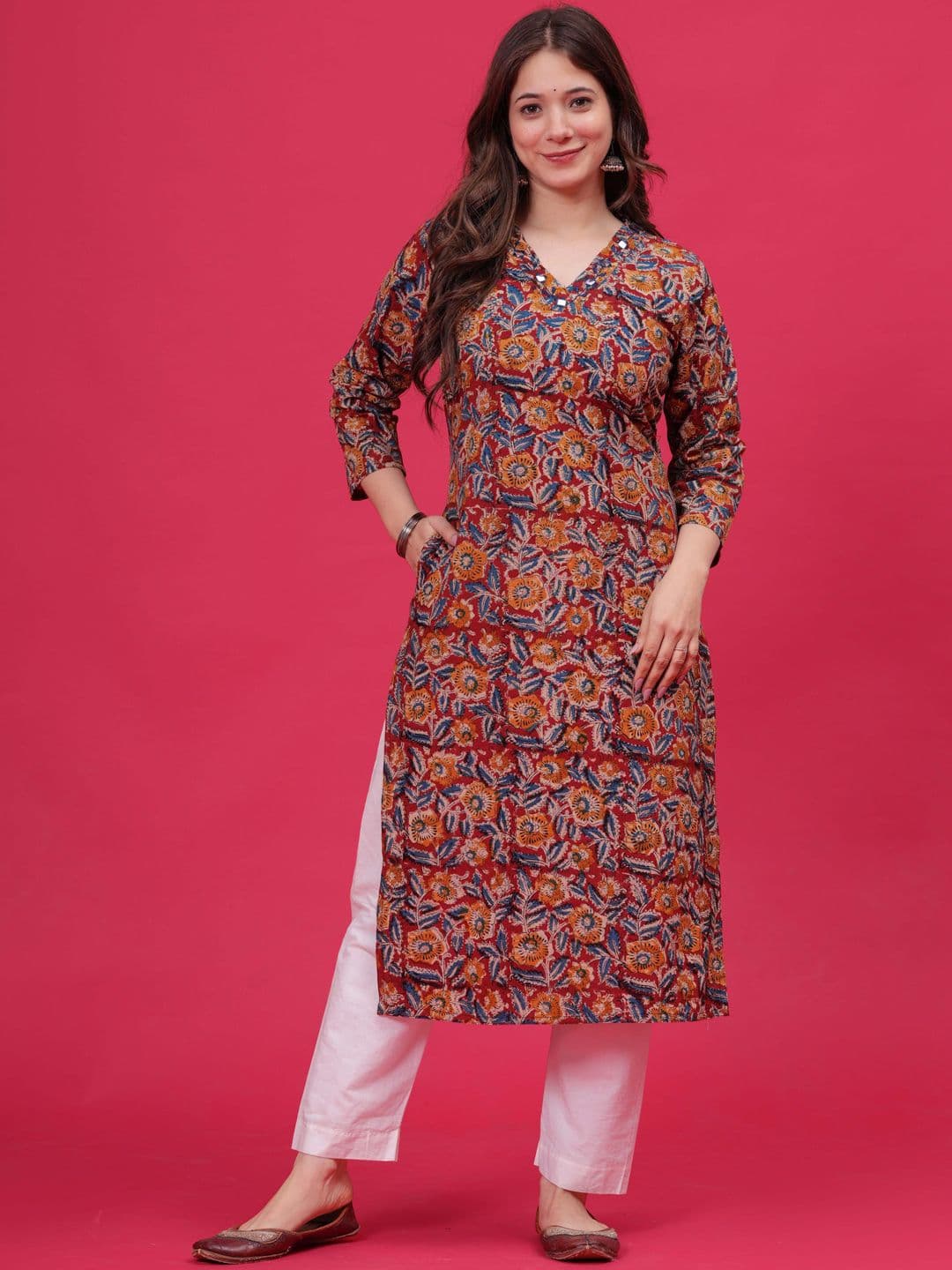 HEARTLOOM Floral Printed Mirror Work Kalamkari Cotton Straight Kurta - view 1