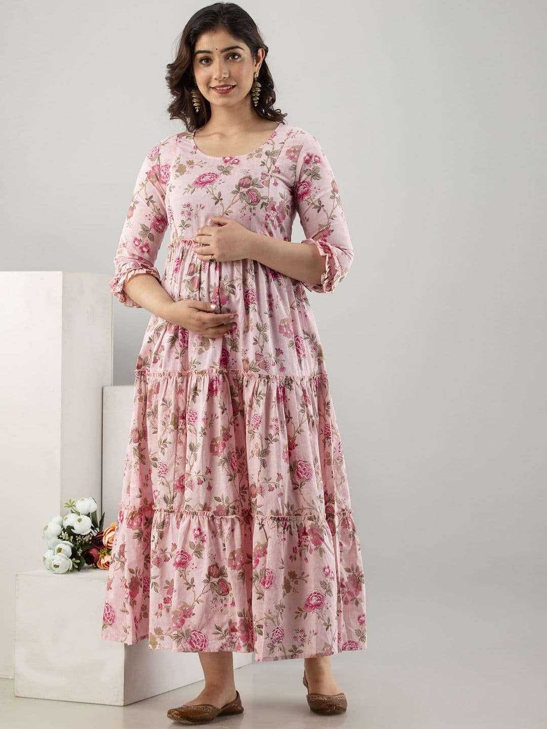 VARICOS Pure Cotton Printed Pregnancy Wear Maternity Maxi Dress With Nursing Zipper - view 1