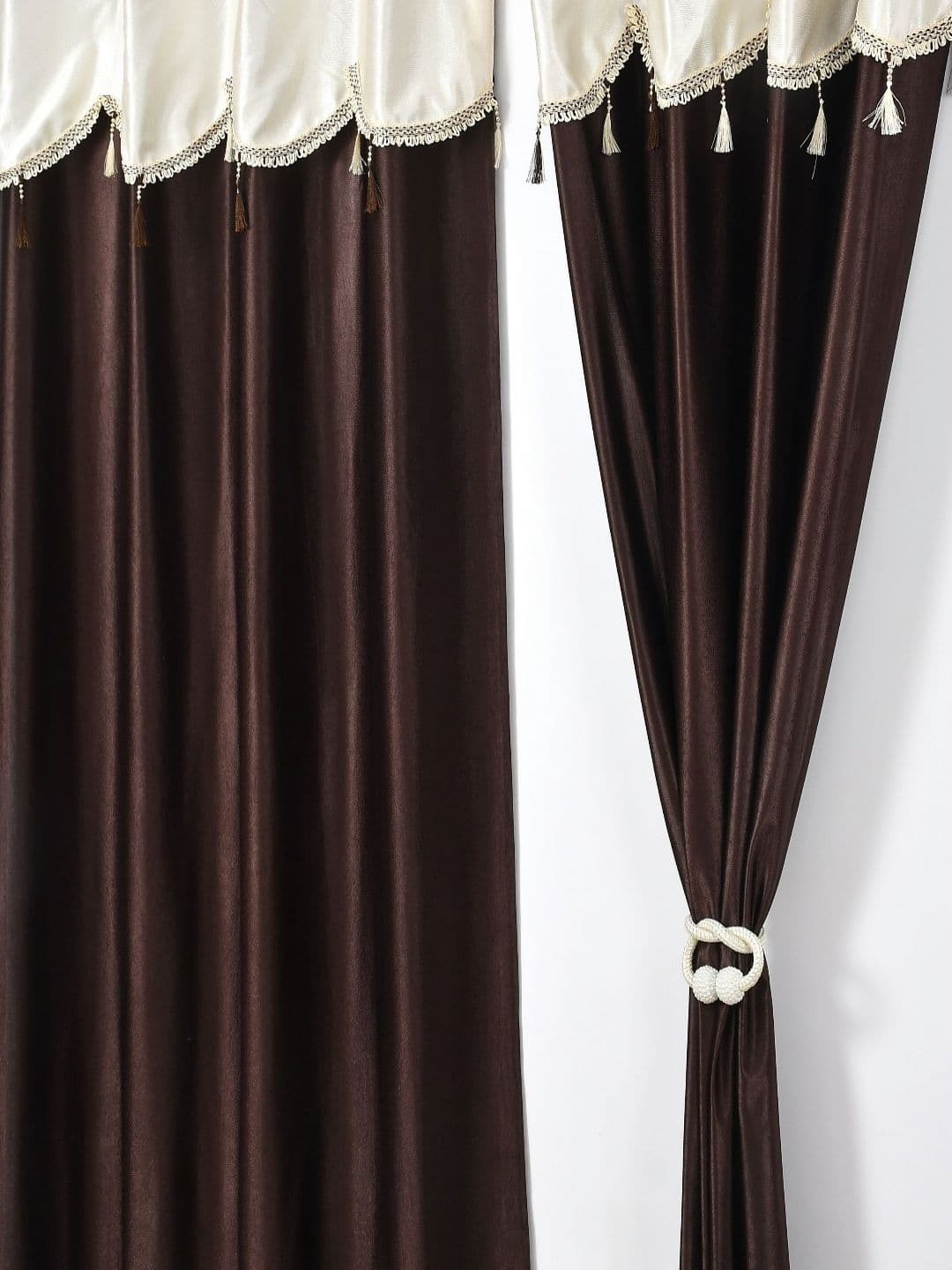 Aura Coffee Brown & Cream-Coloured 2 Pieces Tasselled Long Door Curtains - view 1