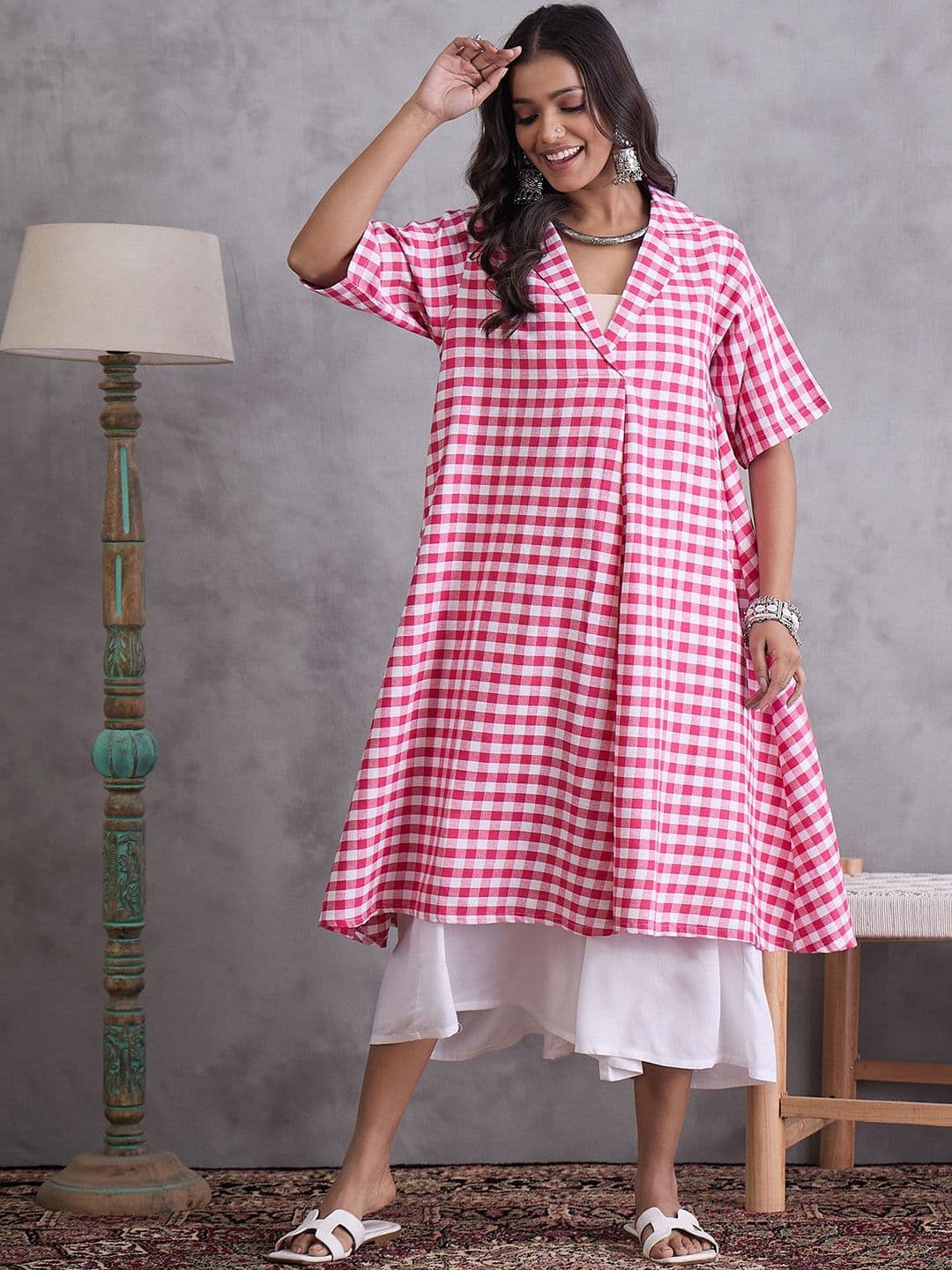 InWeave Checked Pure Cotton A-Line Fusion Kurta With Palazzo - view 1