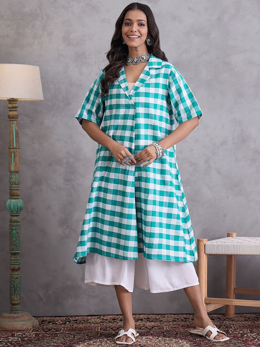 InWeave Checked Pure Cotton A-Line Fusion Kurta With Palazzo - view 1