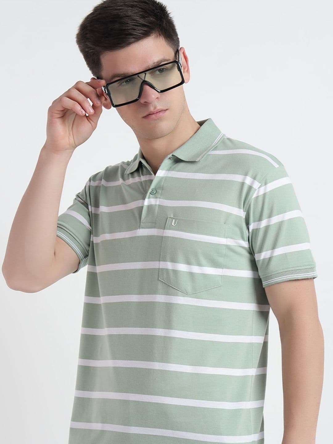 UNIBERRY Men Striped Polo Collar Cotton T-shirt - view 1