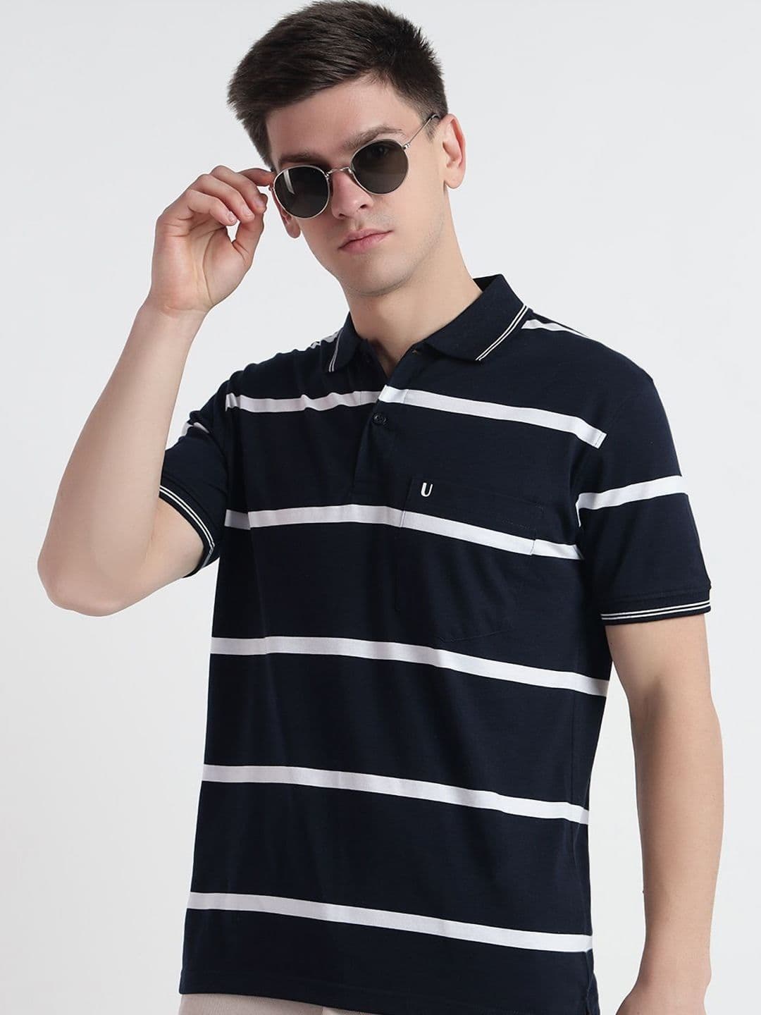 UNIBERRY Men Striped Polo Collar Cotton T-shirt - view 1