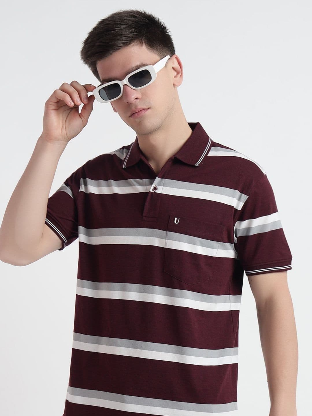 UNIBERRY Men Striped Polo Collar Cotton T-shirt - view 1