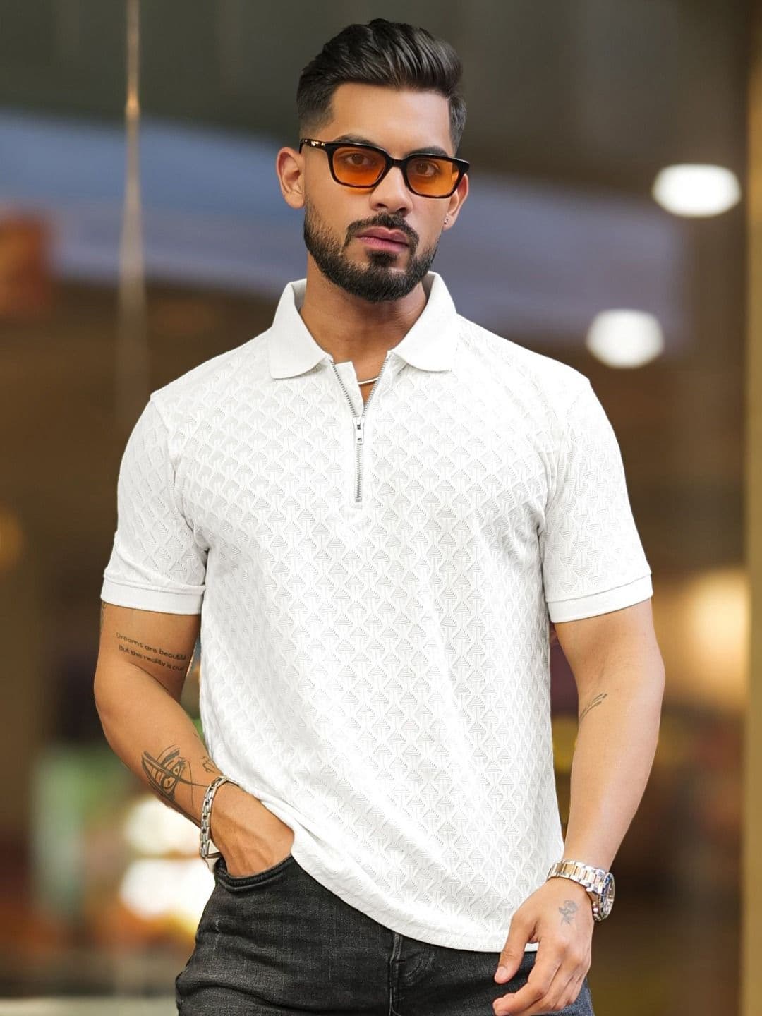 Maniac Men Self Design Polo Collar Cotton T-shirt - view 1