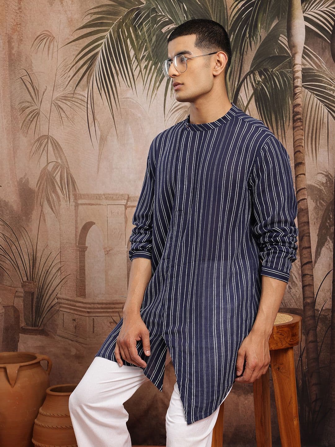 Sangria Striped Band Collar Pure Cotton Asymmetric Kurta - view 1