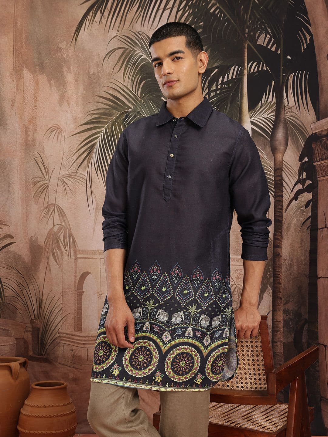 Sangria Ethnic Motifs Print Pure Cotton Shirt Collar Kurta - view 1