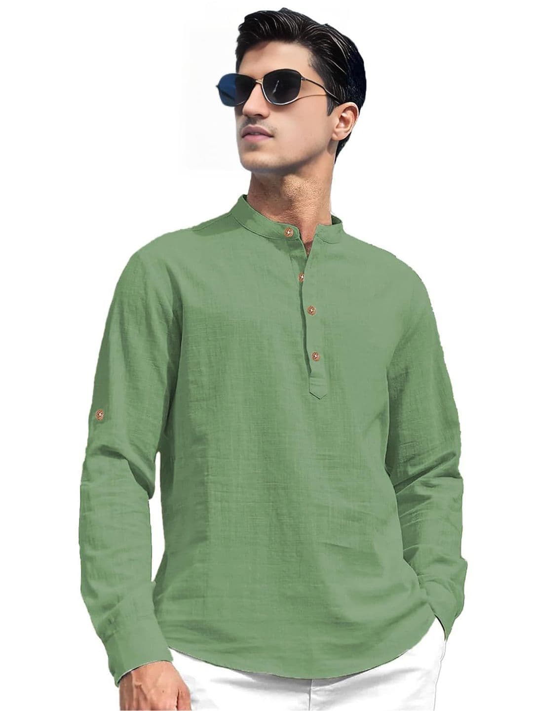 Vida Loca Band Collar Roll-Up Sleeves Pure Cotton Slim Fit Straight Short Kurta - view 1