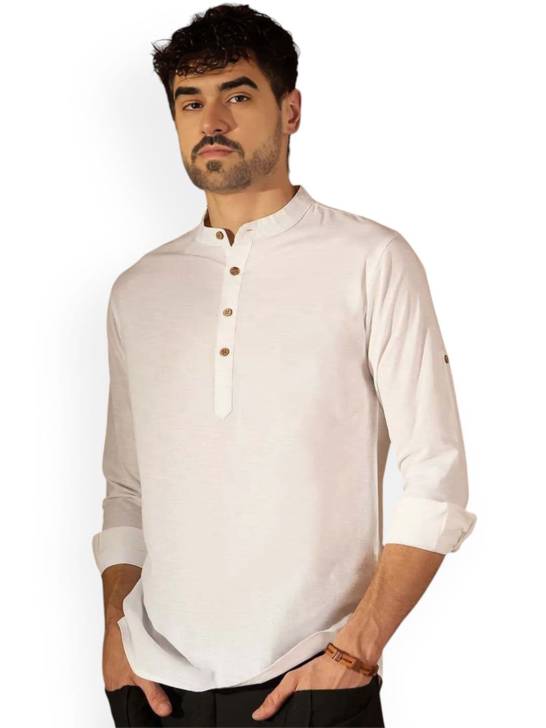 Vida Loca Band Collar Roll-Up Sleeves Pure Cotton Slim Fit Straight Short Kurta - view 1