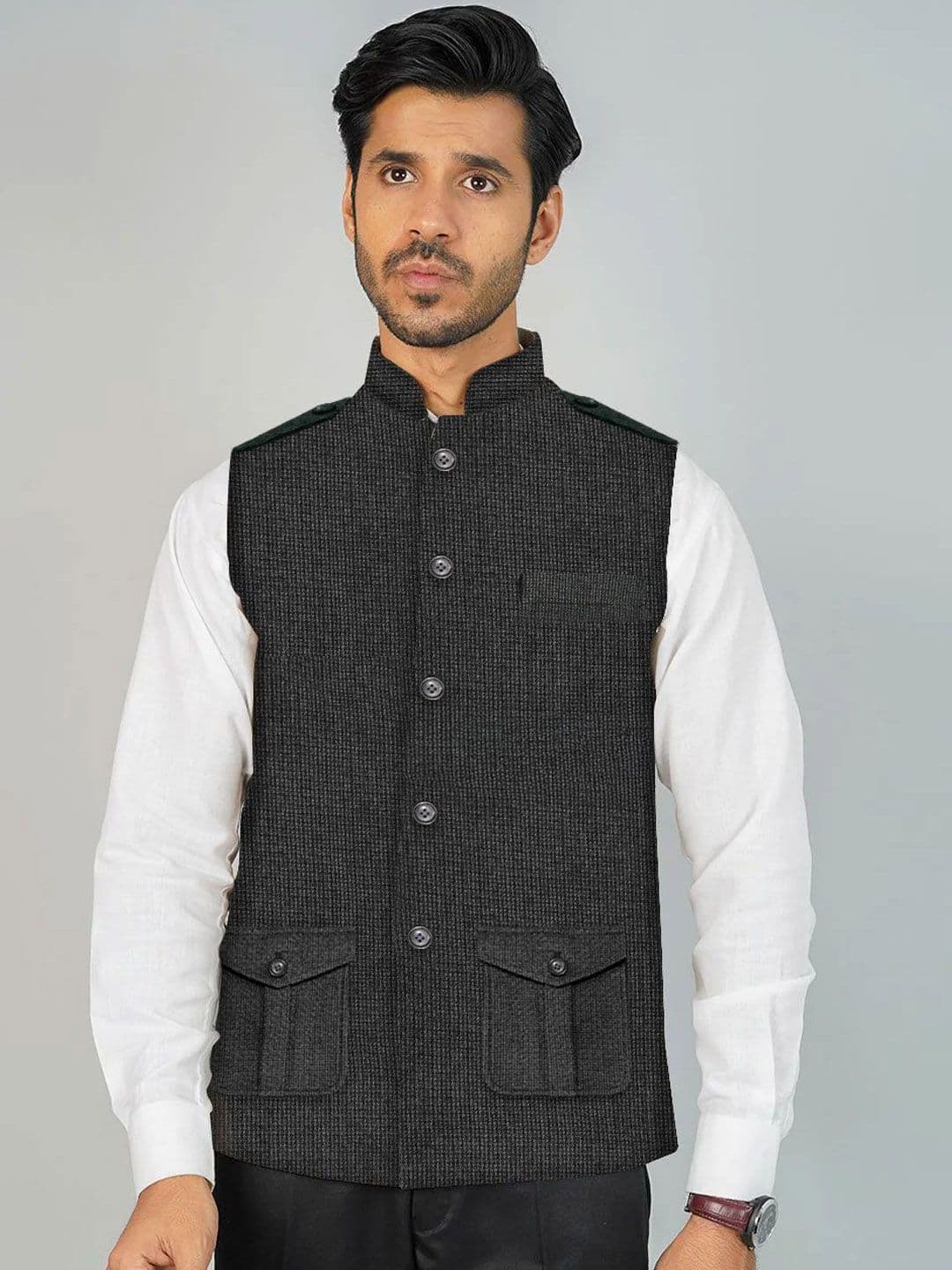 Wintage Men Woven Design Satin Nehru Jacket - view 1