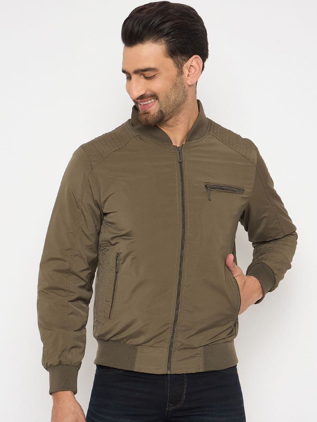 Duke Men Stand Collar Solid Casual Bomber Jacket - view 1