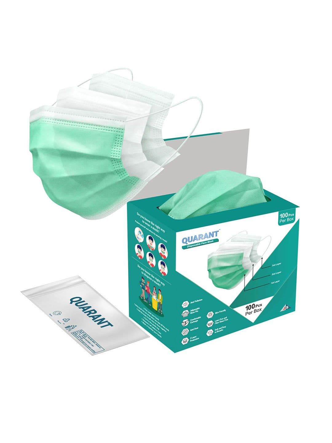 QUARANT Pack Of 100 3 Ply Anti-Pollution Disposable Face Mask - view 1