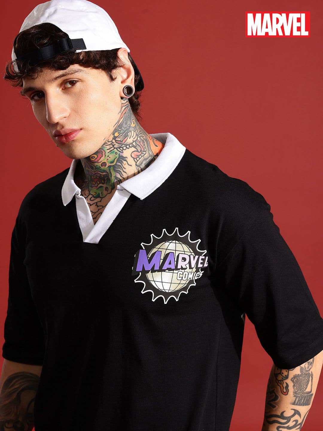 MARVEL STREET Marvel Printed Polo Collar Drop-Shoulder Sleeves Pure Cotton T-shirt - view 1