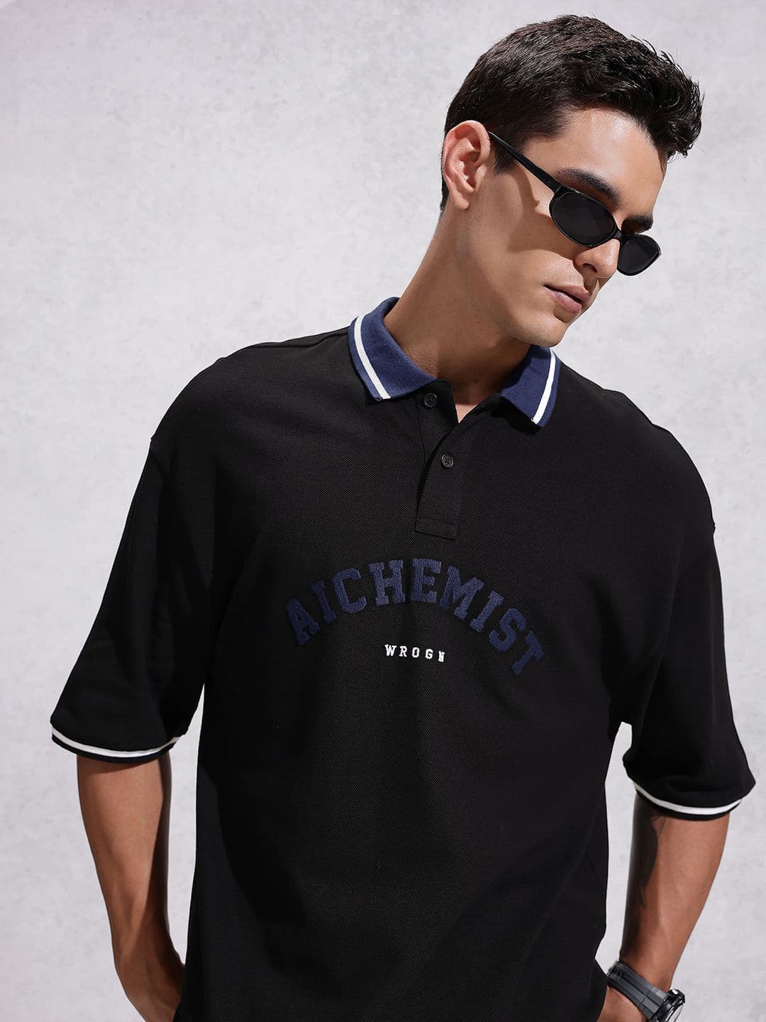 WROGN Pure Cotton Typography Embroidered Oversized Polo Collar T-shirt - view 1