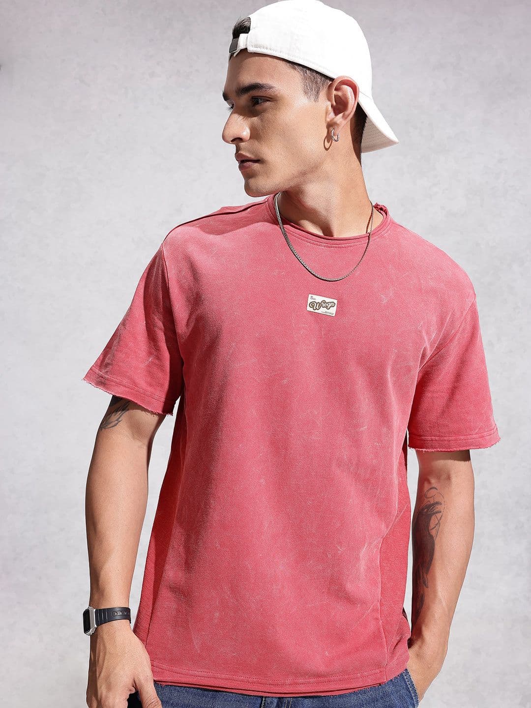 WROGN Drop-Shoulder Sleeves Washed Effect Pure Cotton Oversized T-shirt - view 1