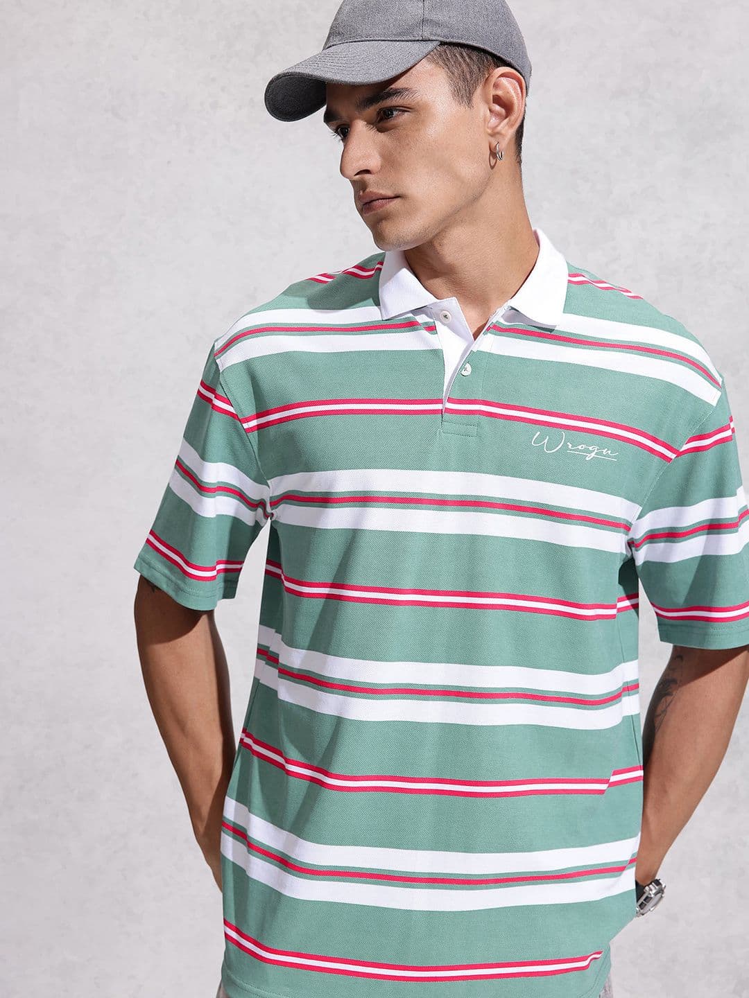 WROGN Oversized Fit Striped Polo Collar Pure Cotton T-shirt - view 1