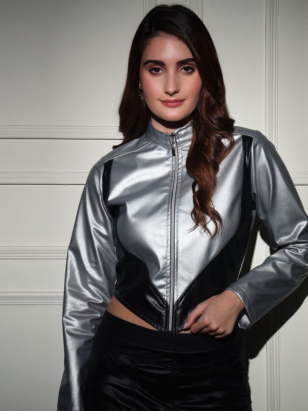 BAESD Women Mock Collar Colourblocked Casual Lightweight Leather Jacket - view 1