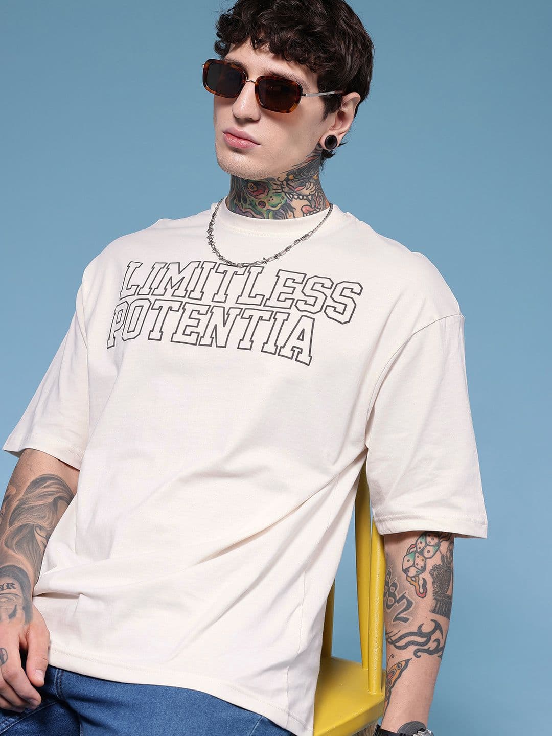 HERE&NOW Typography Printed Drop-Shoulder Sleeves Pure Cotton Relaxed Fit T-shirt - view 1