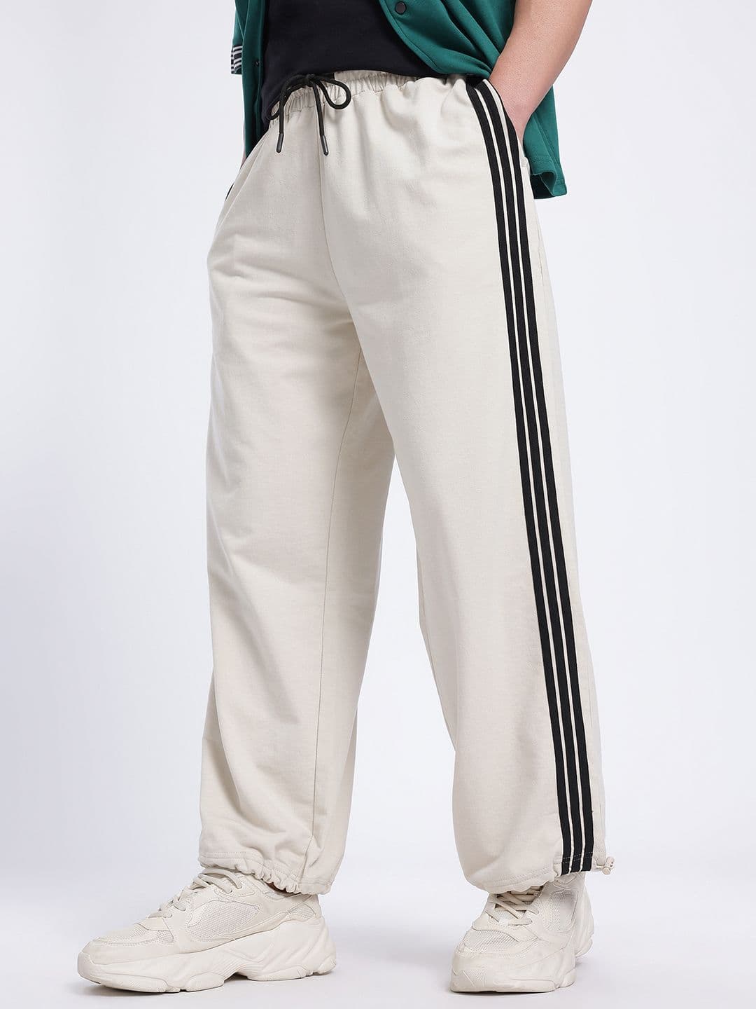 glitchez Men Side Stripes Mid-Rise Baggy Fit Track Pants with Toggle Hem - view 1