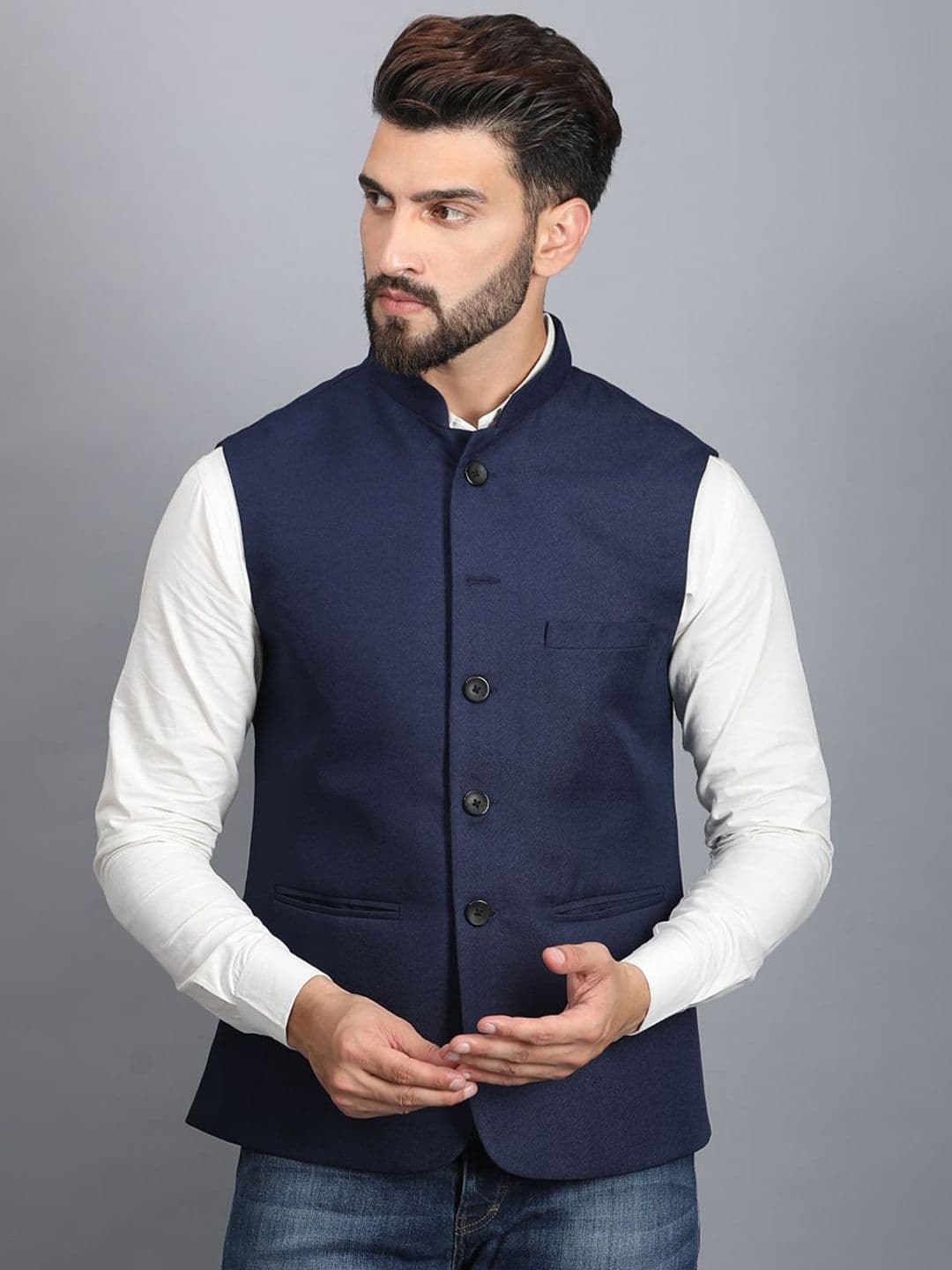 Ethluxis Men Mandarin Collar Woven Nehru Jackets - view 1