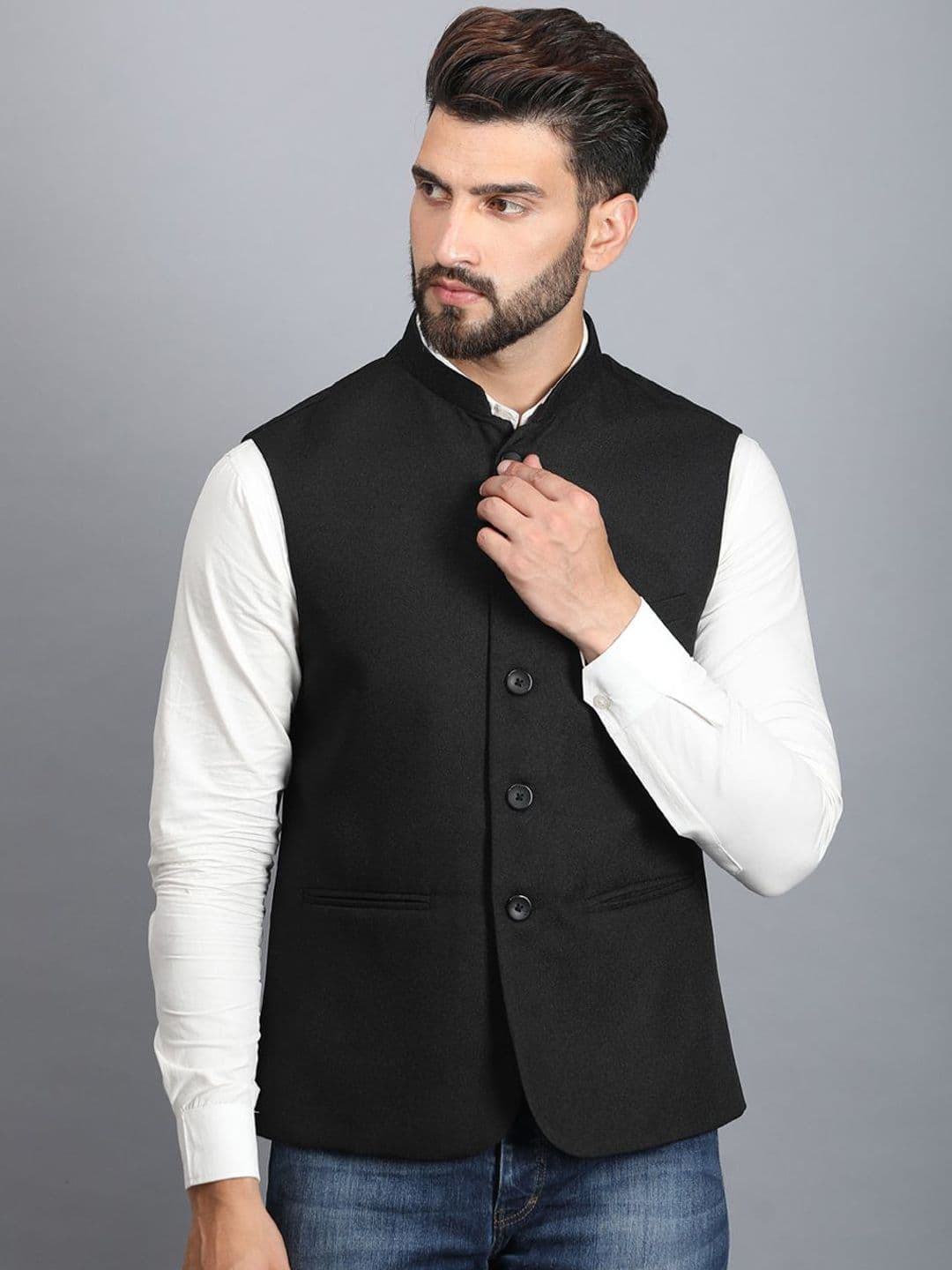 Ethluxis Men Mandarin Collar Woven Nehru Jackets - view 1