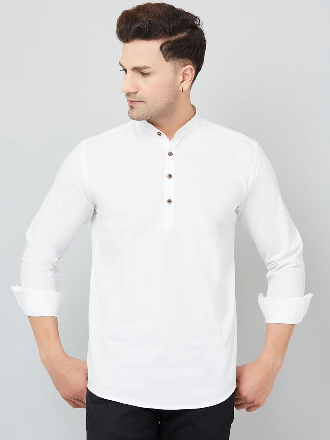 Le Mec Band Collar Rolled-Up Sleeves Silm Fit Short Straight Kurta - view 1