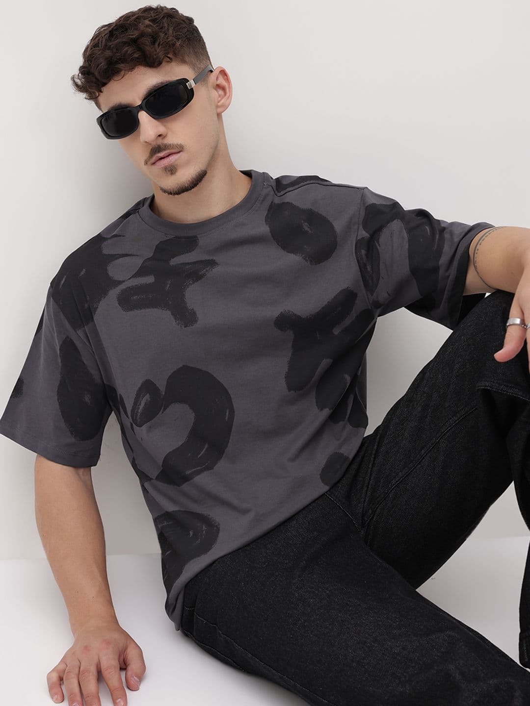 The Roadster Life Co. Abstract Printed Drop-Shoulder Sleeves Pure Cotton Relaxed Fit T-shirt - view 1