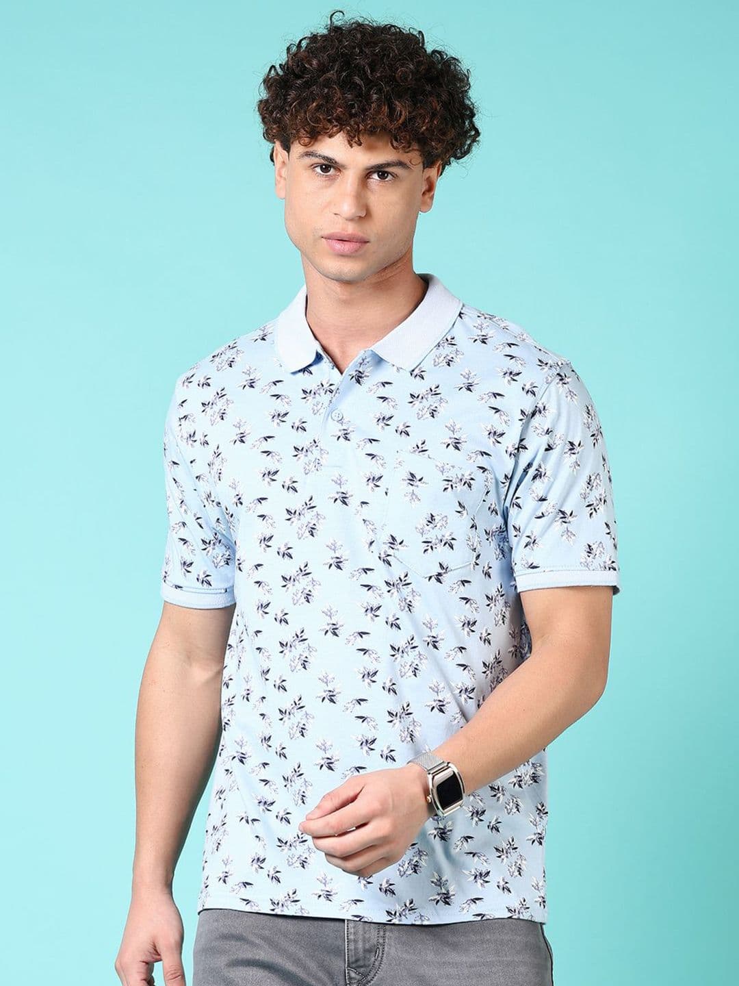 V-Mart Men Floral Printed Polo Collar Cotton T-shirt - view 1