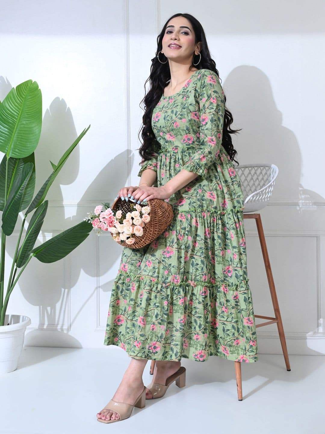 SILAKIVA Floral Printed Gathered or Pleated Cotton A-Line Maternity Midi Dress - view 1